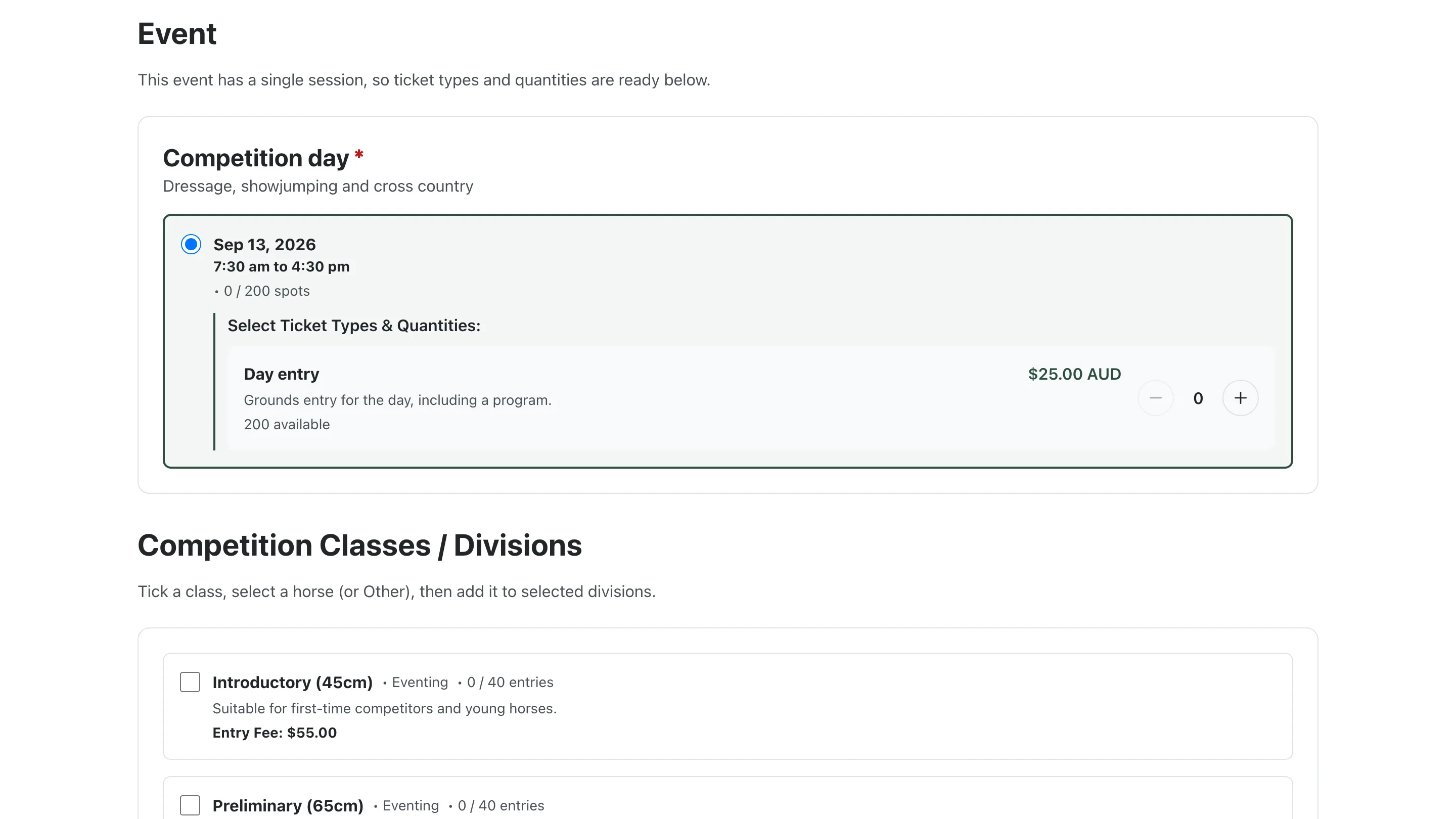 An online event entry form listing ticket types and competition classes with their entry fees.